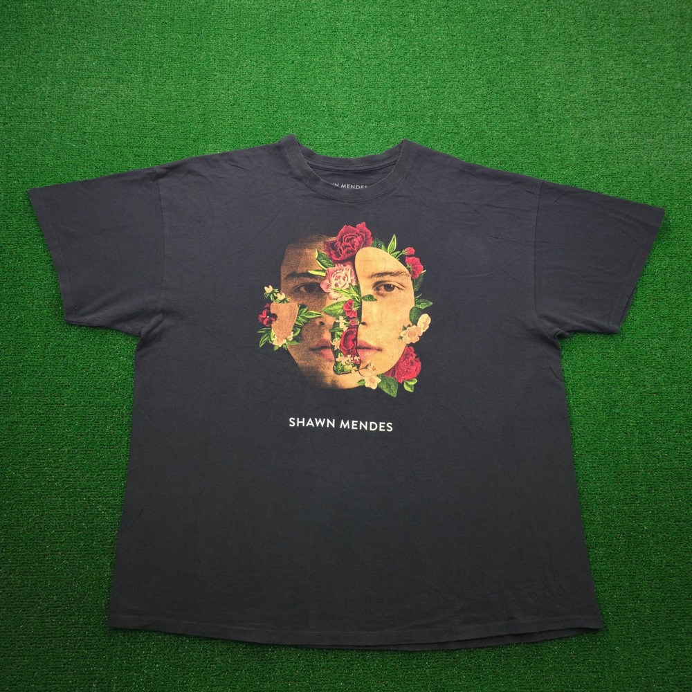 Shawn Mendes Floral Face Graphic Tee Mens 2XL Black Concert Tour Shirt Pop Music